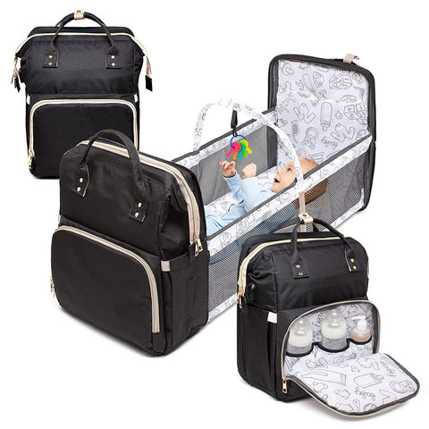 4 in 1 Diaper Bag with Bassinet Changing Station– Multi Purpose Waterproof Convertible Baby Diaper Bag with Changing Pad Mommy Backpack - Black