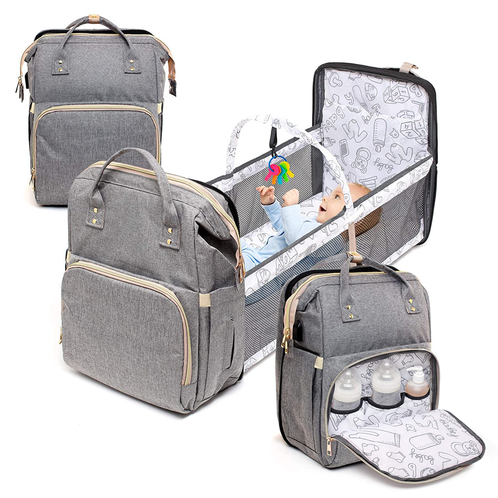 You Are My Sunshine Travel Diaper Bag Backpack w/ Built in Foldable Crib  Gray