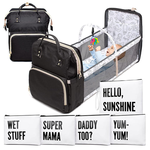 Buggybop 10 In 1 Diaper Bag with 5-Pcs Set of Organizer Pouches – Diaper Bag with Changing Bassinet Station, Sunshade, Toy Bar, Bed Complete Backpack with Customized Travel Pouches for Baby Essentials - Black